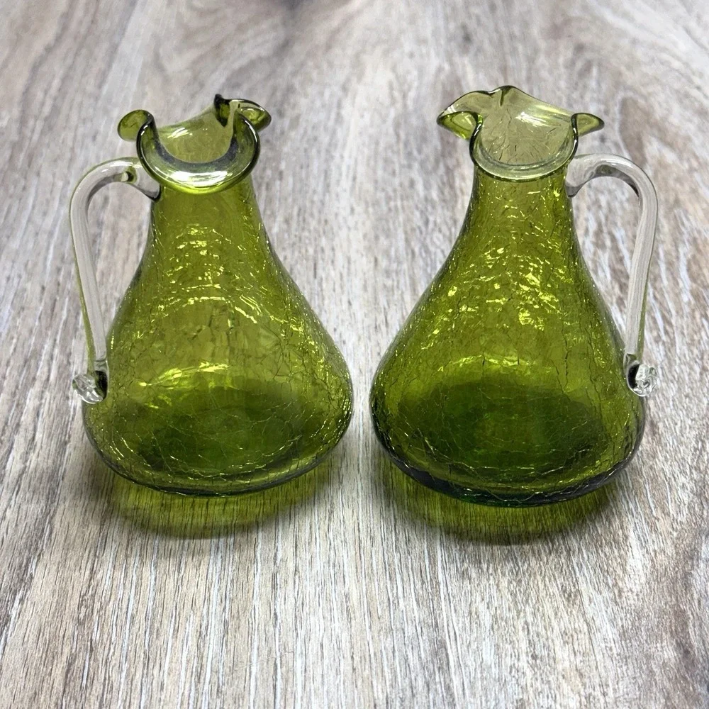 VTG Handblown BLENKO Green Crackle Glass Mini Pitcher /Vase 4